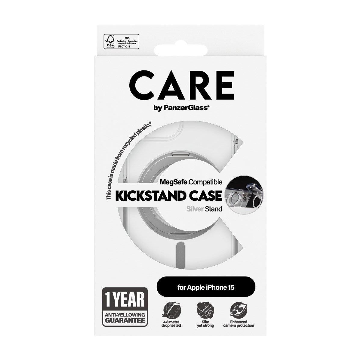 CARE by PanzerGlass® Feature Case Transparent m. Silber Kickstand & MagSafe iPhone 15